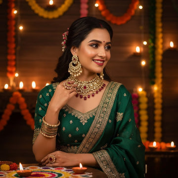 Indian woman styling traditional artificial jewellery set for Diwali celebration
