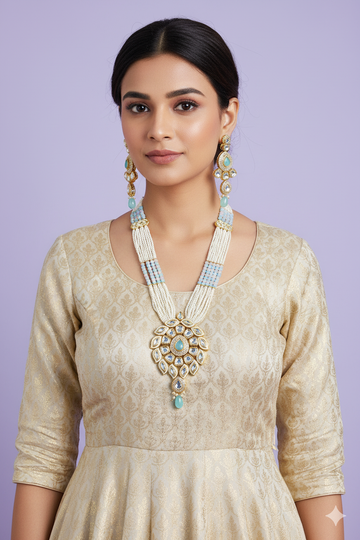 Noor Rani necklace set from house of Mrigaya by Nandini for Traditional and Festive Indian Look | for Gifting | Premium & Luxury Jewelry__Sky-blue