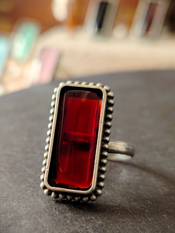 Sankol Multi Colour Rings with antique finish and single big stone for festive occasions | for traditional look | for office Indian wear___Red