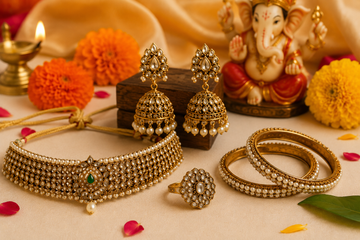 Ganesh Chaturthi jewellery featuring festive earrings, necklace, ring and bangles