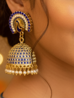 Mayur Gold Look Jhumka from Mrigaya by Nandini for Festive Occasions | India Look -Blue