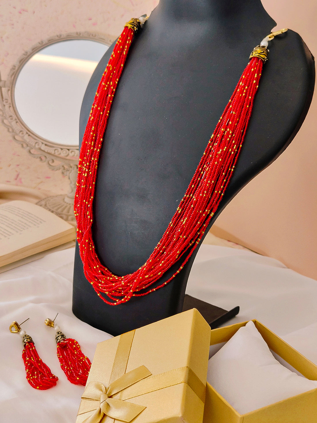 Moti Jhalar Necklace Set | Red-colour Beads Necklace & Earrings for Parties & Office Going Women from House of Mrigaya by Nandini-Red - Mrigaya India