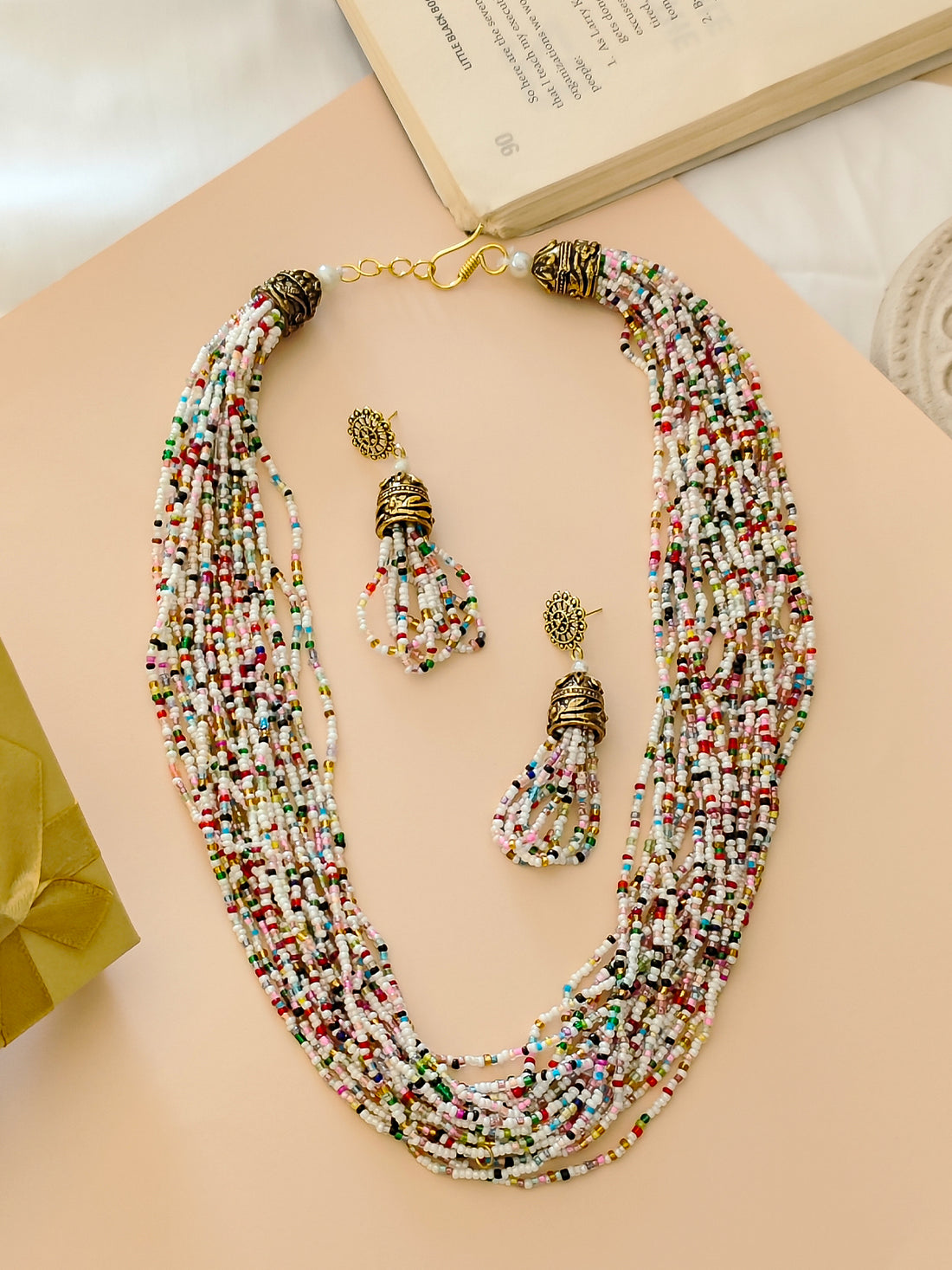 Moti Jhalar Necklace Set | Multi-colour Beads Necklace & Earrings for Parties & Office Going Women from House of Mrigaya by Nandini – Multi - Mrigaya India