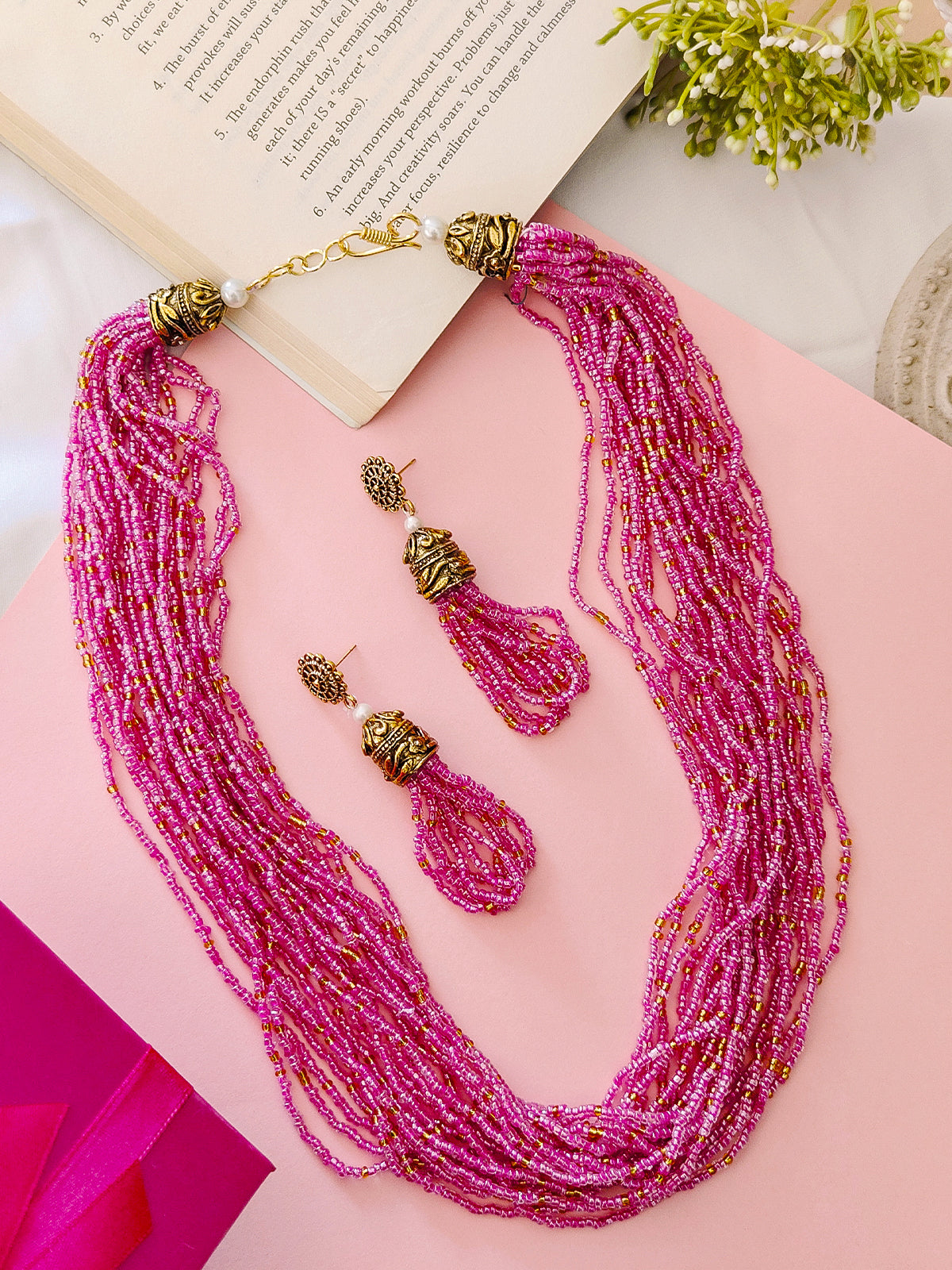 Moti Jhalar Necklace Set | Pink-colour Beads Necklace & Earrings for Parties & Office Going Women from House of Mrigaya by Nandini-Pink - Mrigaya India