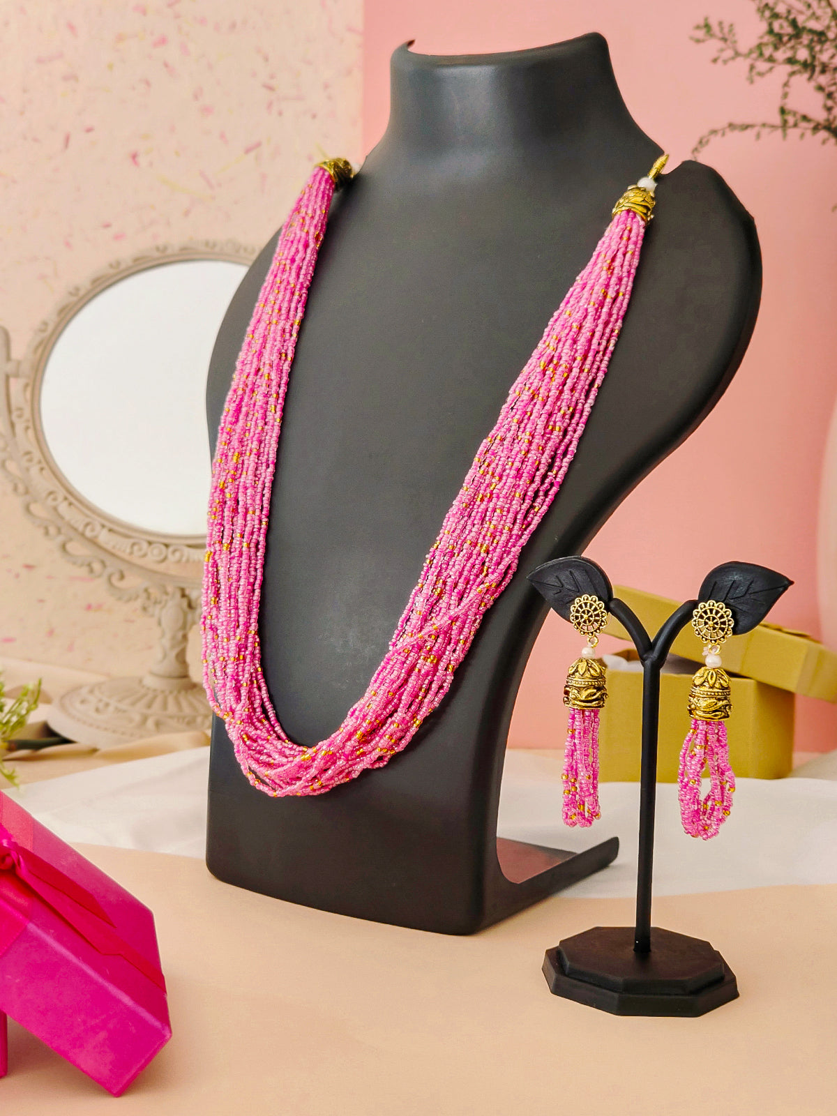 Moti Jhalar Necklace Set | Pink-colour Beads Necklace & Earrings for Parties & Office Going Women from House of Mrigaya by Nandini-Pink - Mrigaya India