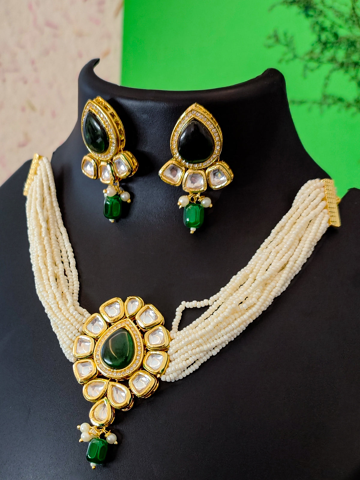 Kundankaari Stone Studded Necklace Set | Chokar Set for Traditional and Festive gifting from the house of Mrigaya by Nandini - Bottle Green - Mrigaya India