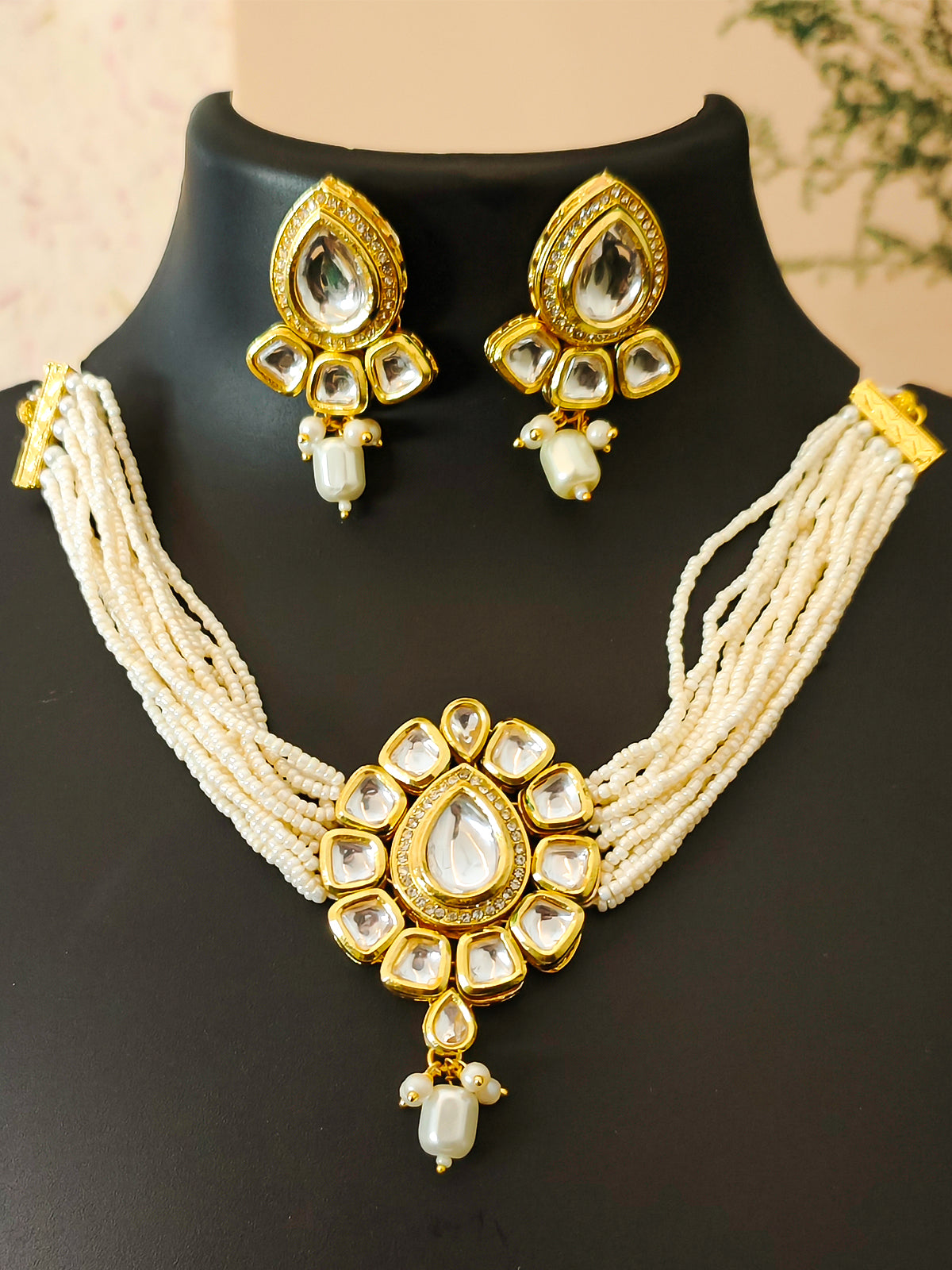 Kundankaari Stone Studded Necklace Set | Chokar Set for Traditional and Festive gifting from the house of Mrigaya by Nandini -White - Mrigaya India