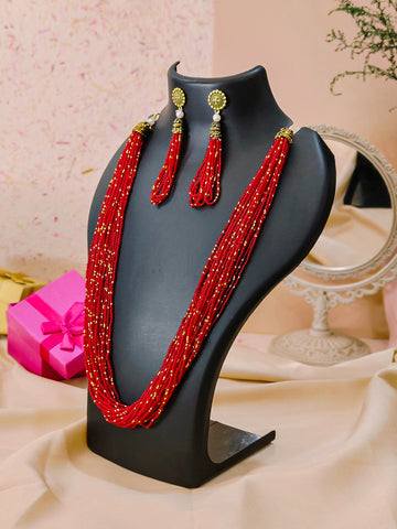 Moti Jhalar Necklace Set | Maroon-colour Beads Necklace & Earrings for Parties & Office Going Women from House of Mrigaya by Nandini - Maroon - Mrigaya India