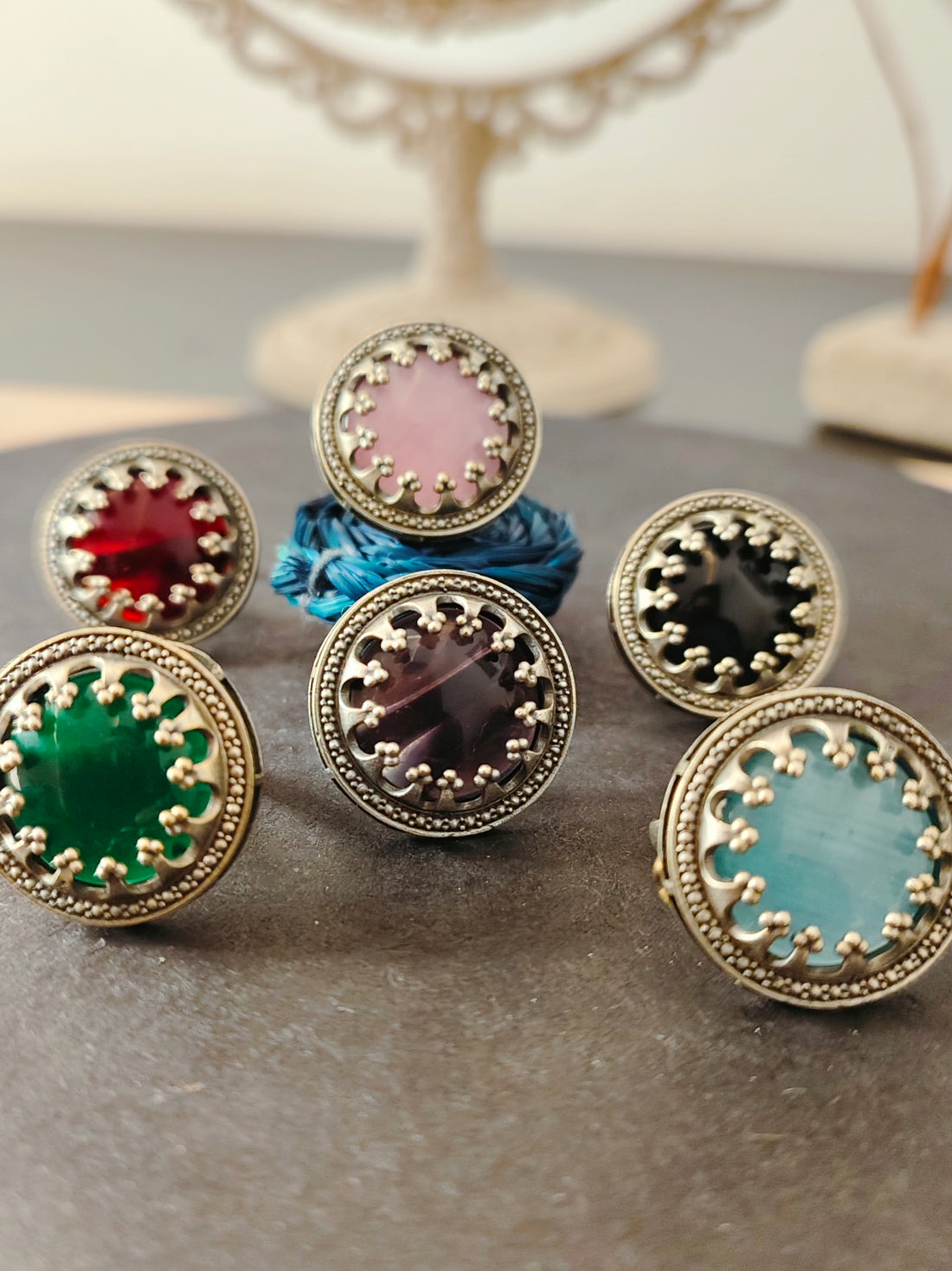 Aganya Multi Color Adjustable Rings with Antique Finish and Big Stone | Festive Occasions | for Traditional Look | for Office Indian Look - Mrigaya India