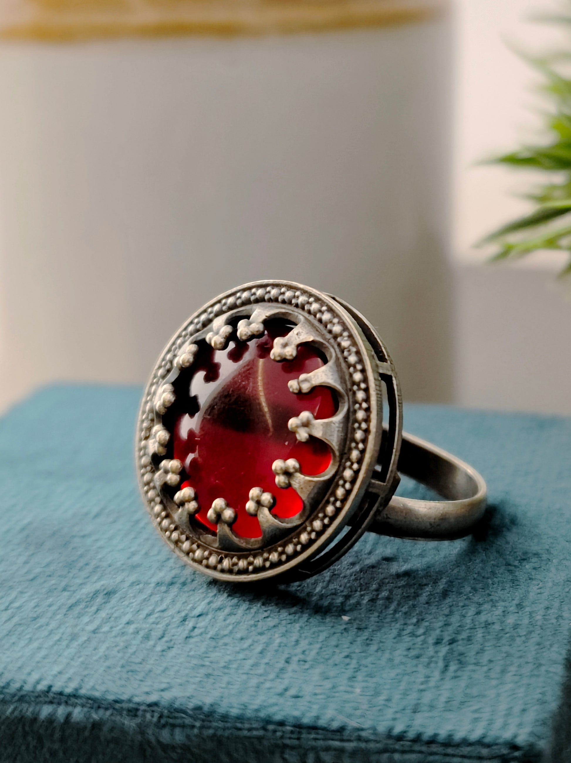 Aganya Multi Color Adjustable Rings with Antique Finish and Big Stone | Festive Occasions | for Traditional Look | for Office Indian Look- Red - Mrigaya India