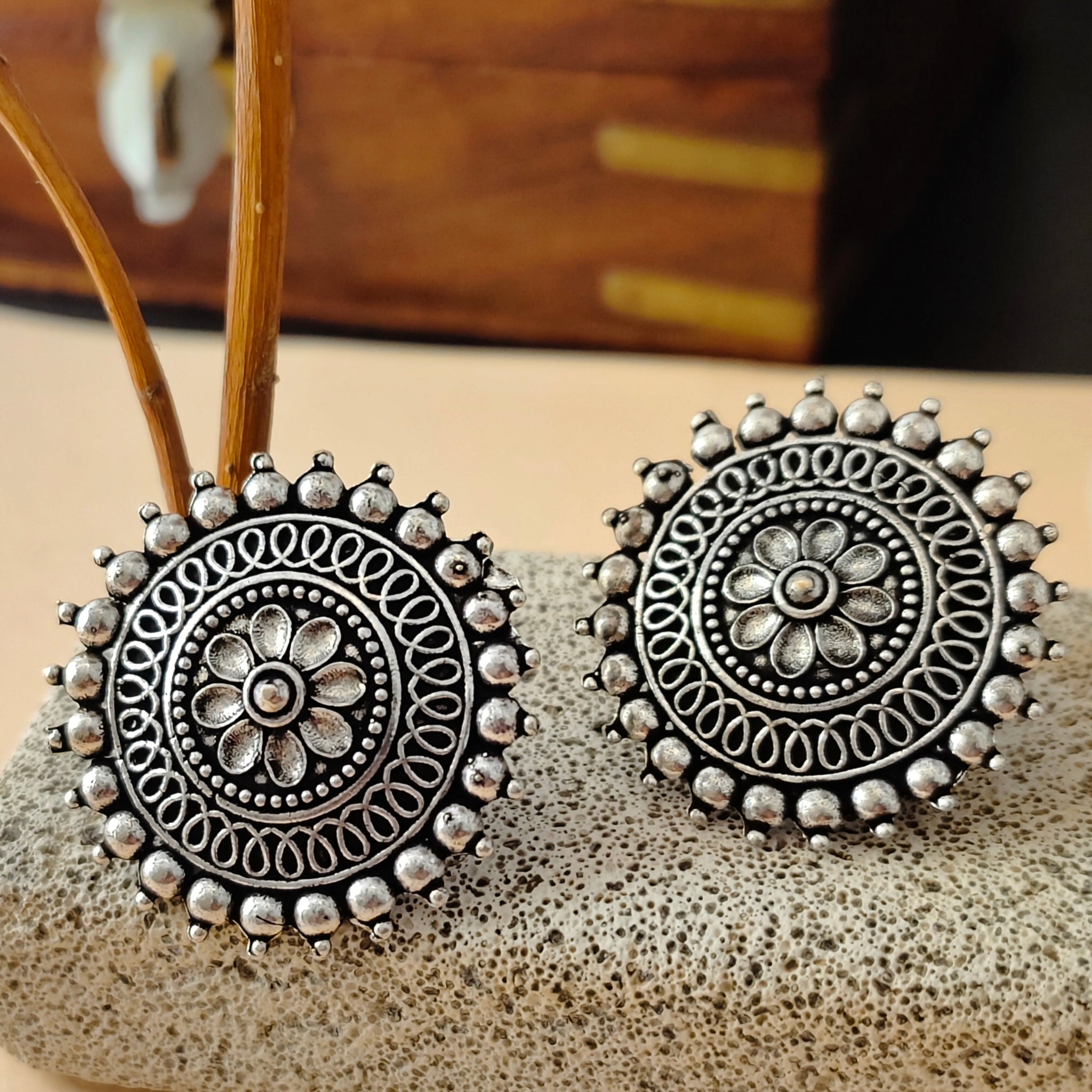 Rangoli Collection from Mrigay by Nandini Black metal earrings for festive occasions | for traditional look | for office Indian wear - Mrigaya India