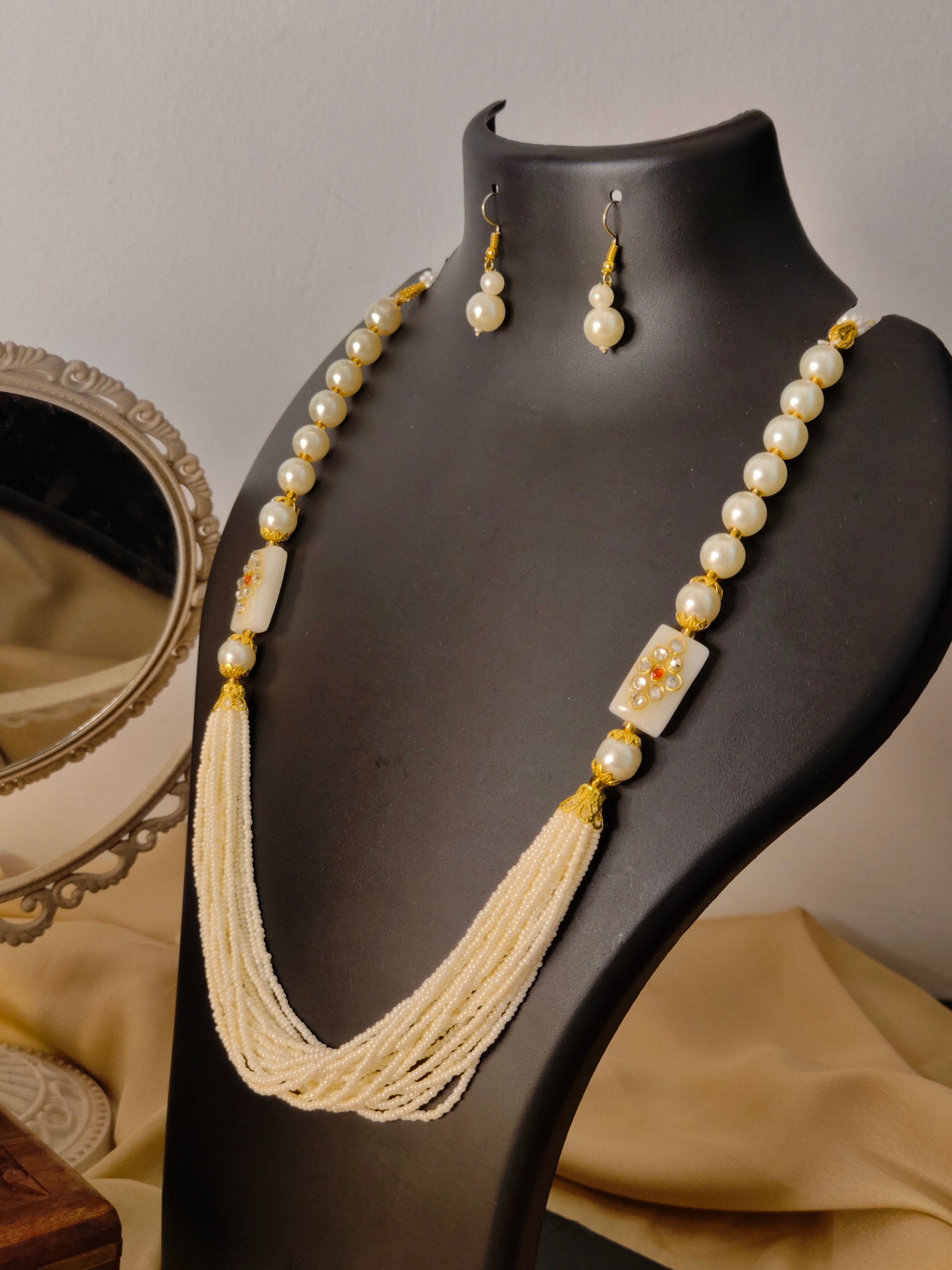 Moti Mala Necklace Set for Weddings, Festivals & Gifting from the house of Mrigaya by Nandini- White Beads Necklace - Mrigaya India