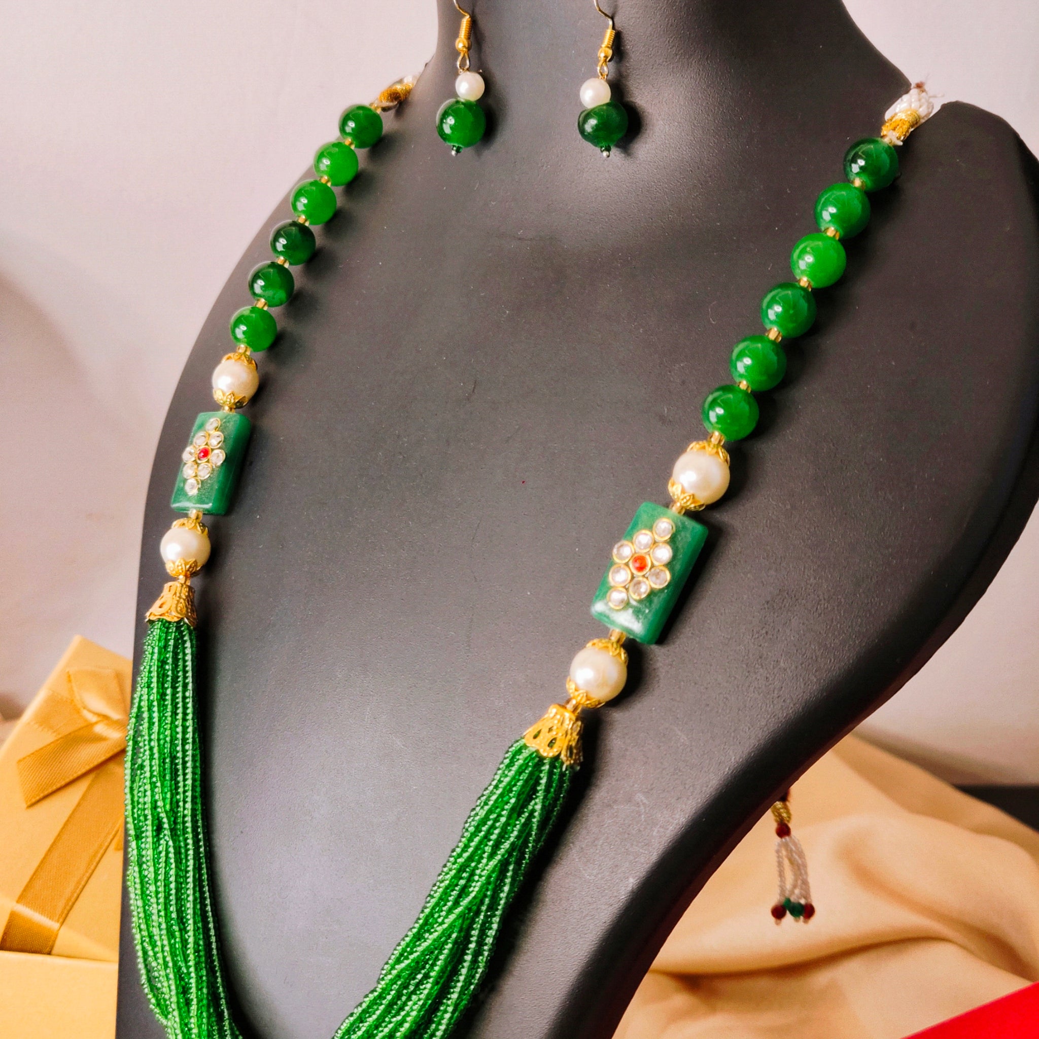 Moti Mala Necklace Set for Weddings, Festivals & Gifting from the house of Mrigaya by Nandini- Green Beads Necklace - Mrigaya India