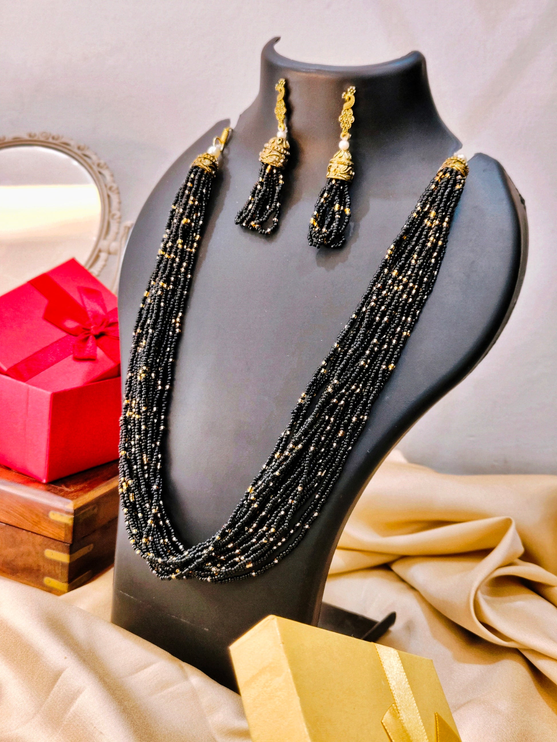 Moti Jhalar Necklace Set | Maroon-colour Beads Necklace & Earrings for Parties & Office Going Women from House of Mrigaya by Nandini-Black - Mrigaya India