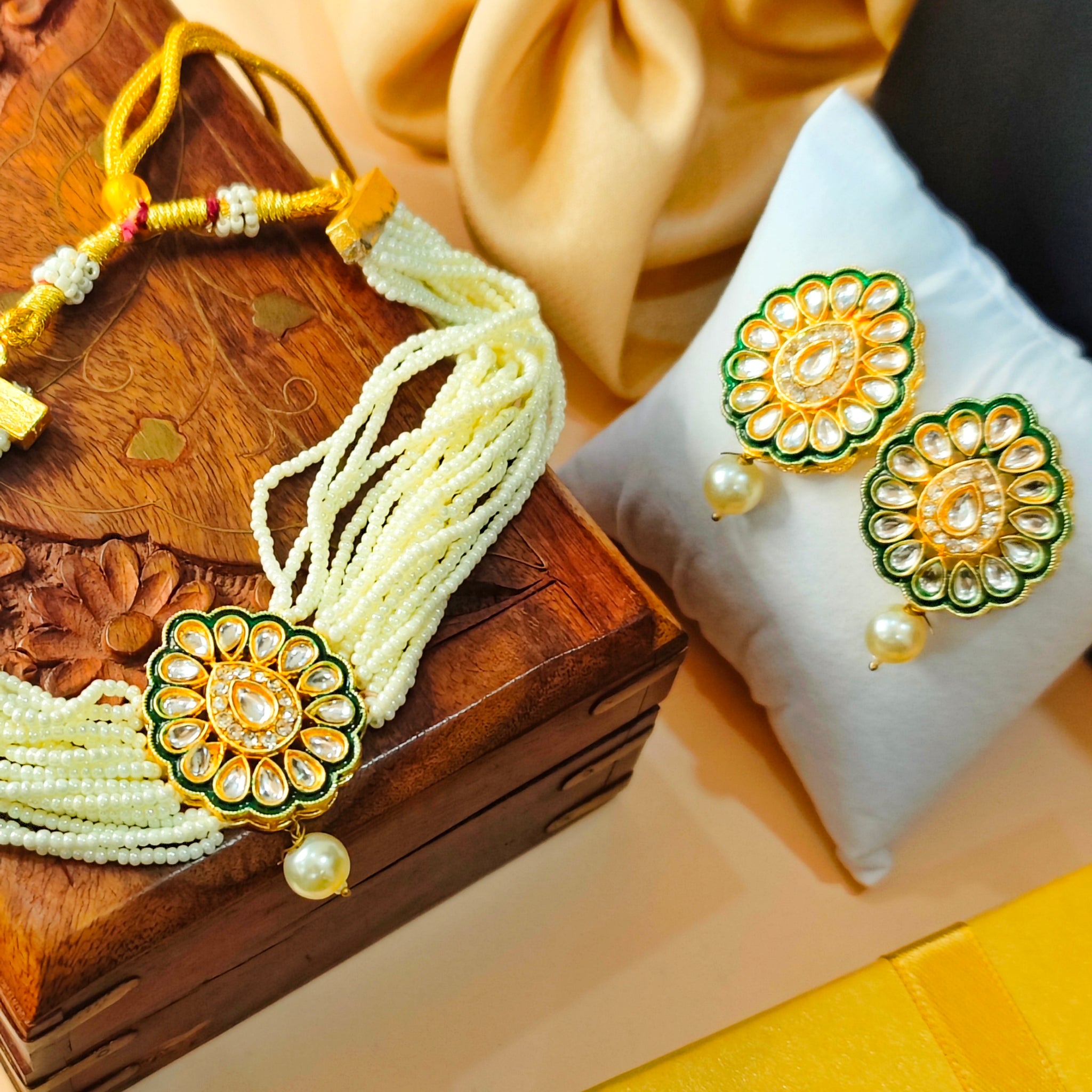 Moti Haari Chokar Necklace Set from house of Mrigaya by Nandini  for Traditional and Festive Indian Look | for Gifting - Green & Clear - Mrigaya India