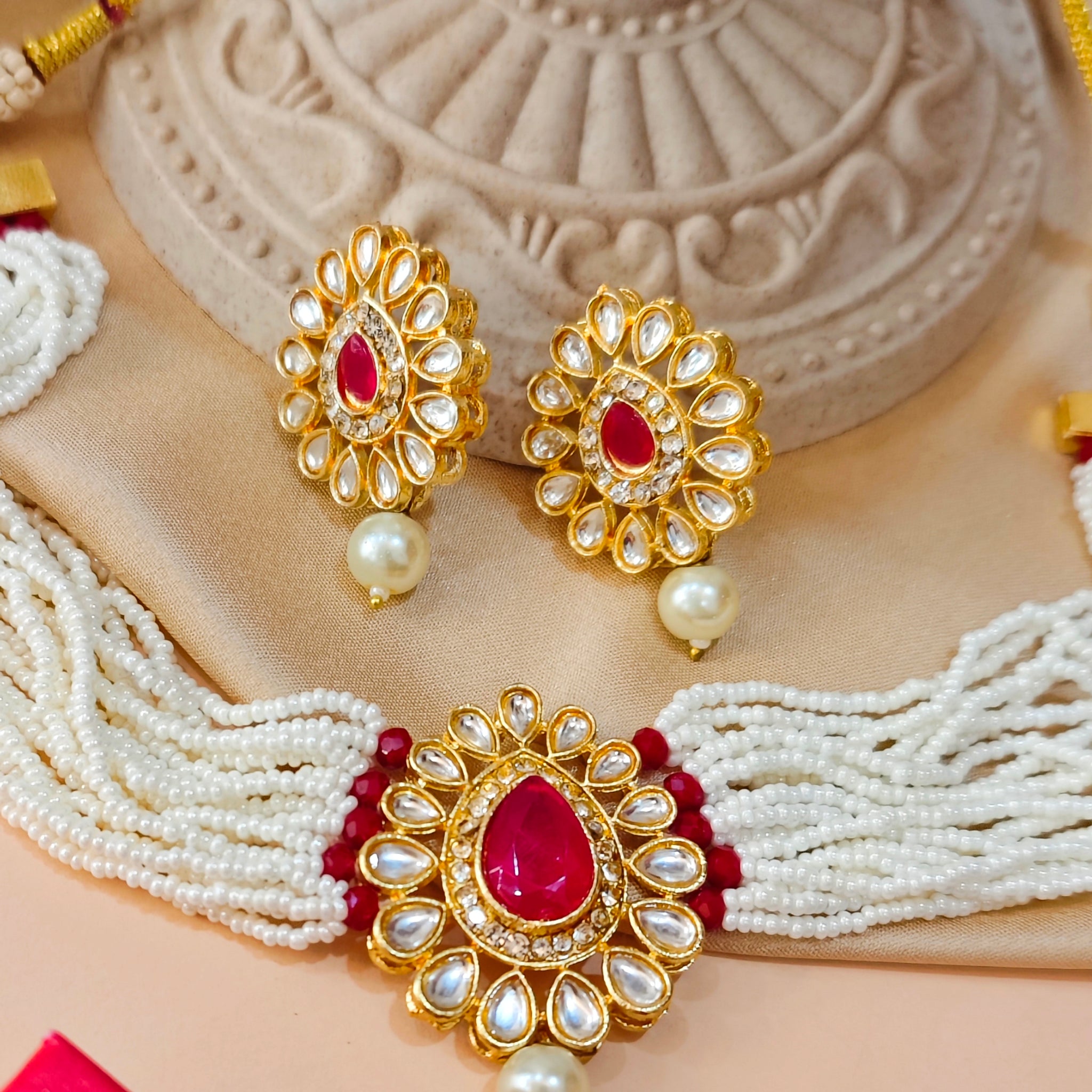 Moti Haari Chokar Necklace Set from house of Mrigaya by Nandini for Traditional and Festive Indian Look | for Gifting- Gold & Red - Mrigaya India