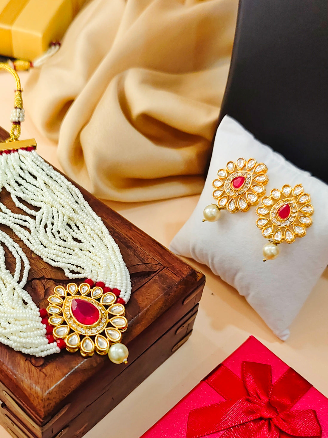 Moti Haari Chokar Necklace Set from house of Mrigaya by Nandini for Traditional and Festive Indian Look | for Gifting- Gold & Red - Mrigaya India