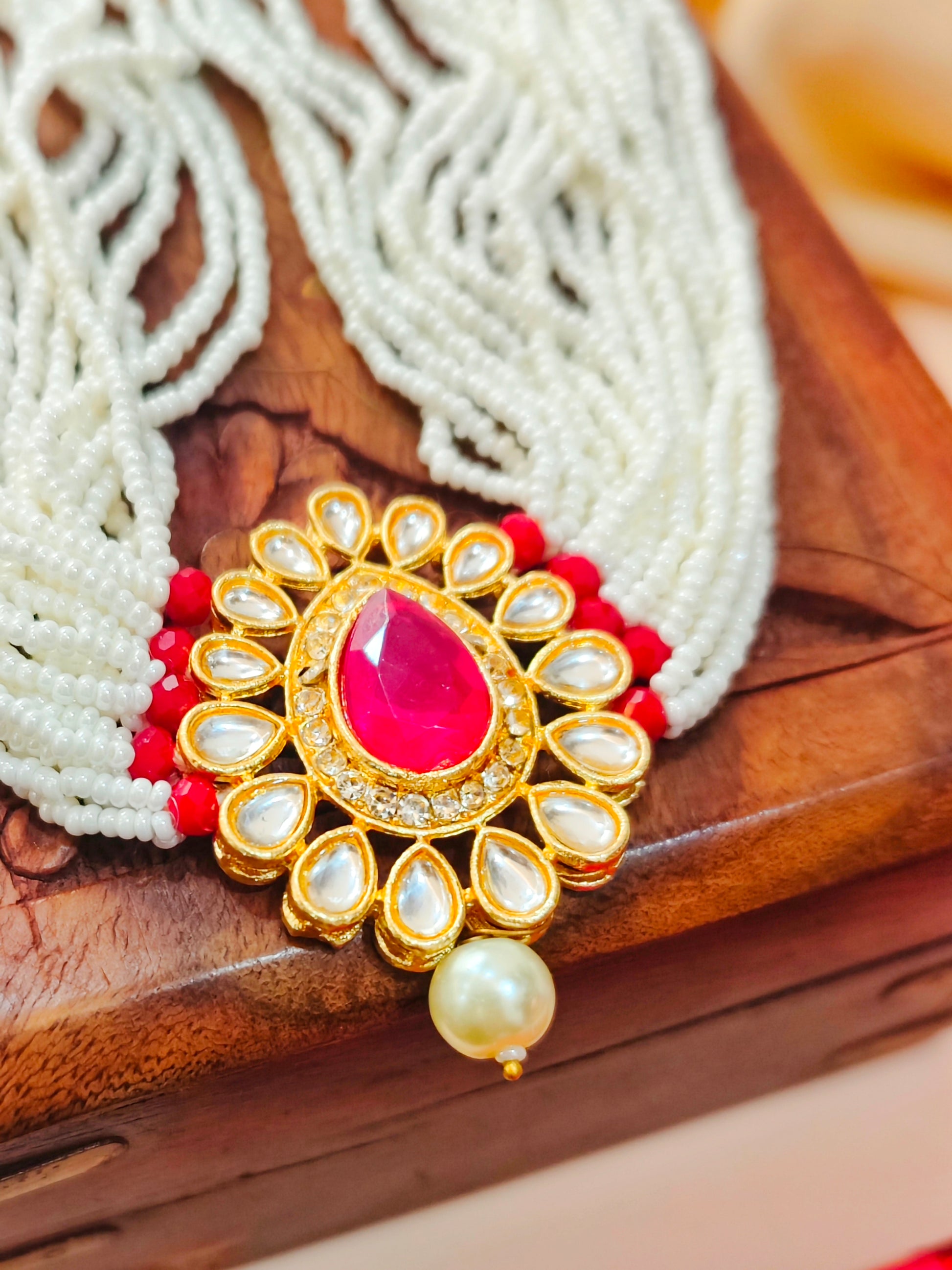 Moti Haari Chokar Necklace Set from house of Mrigaya by Nandini for Traditional and Festive Indian Look | for Gifting- Gold & Red - Mrigaya India