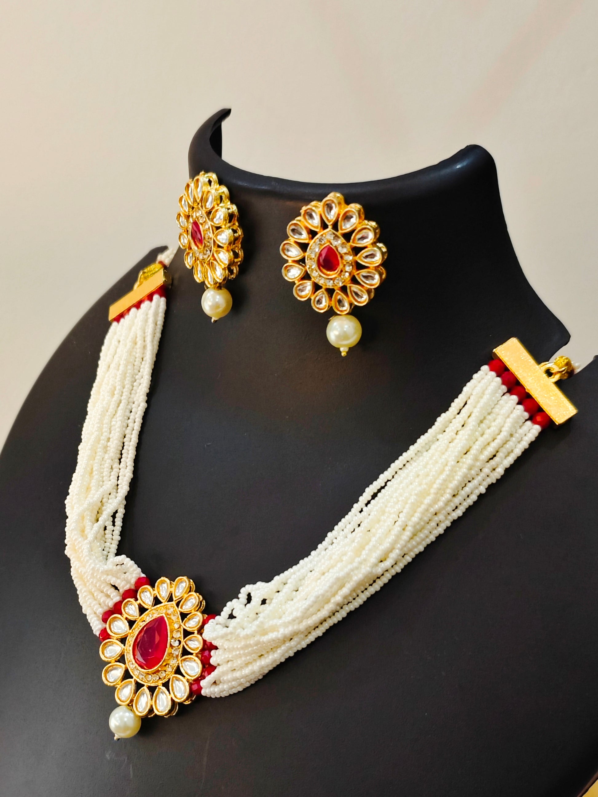 Moti Haari Chokar Necklace Set from house of Mrigaya by Nandini for Traditional and Festive Indian Look | for Gifting- Gold & Red - Mrigaya India