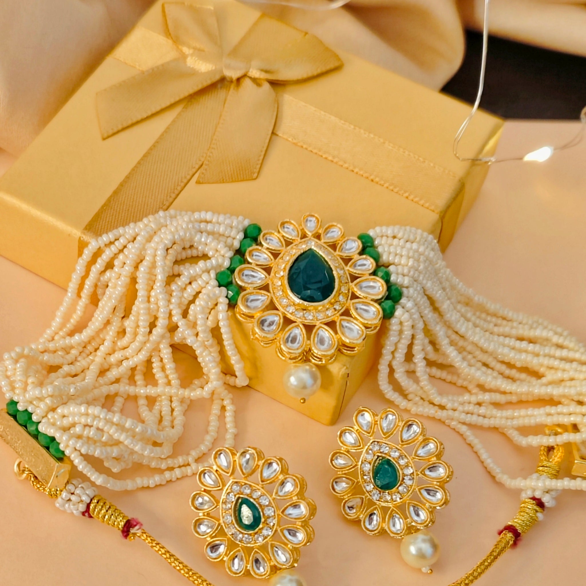 Moti Haari Chokar Necklace Set from house of Mrigaya by Nandini for Traditional and Festive Indian Look | for Gifting - Clear & Green - Mrigaya India