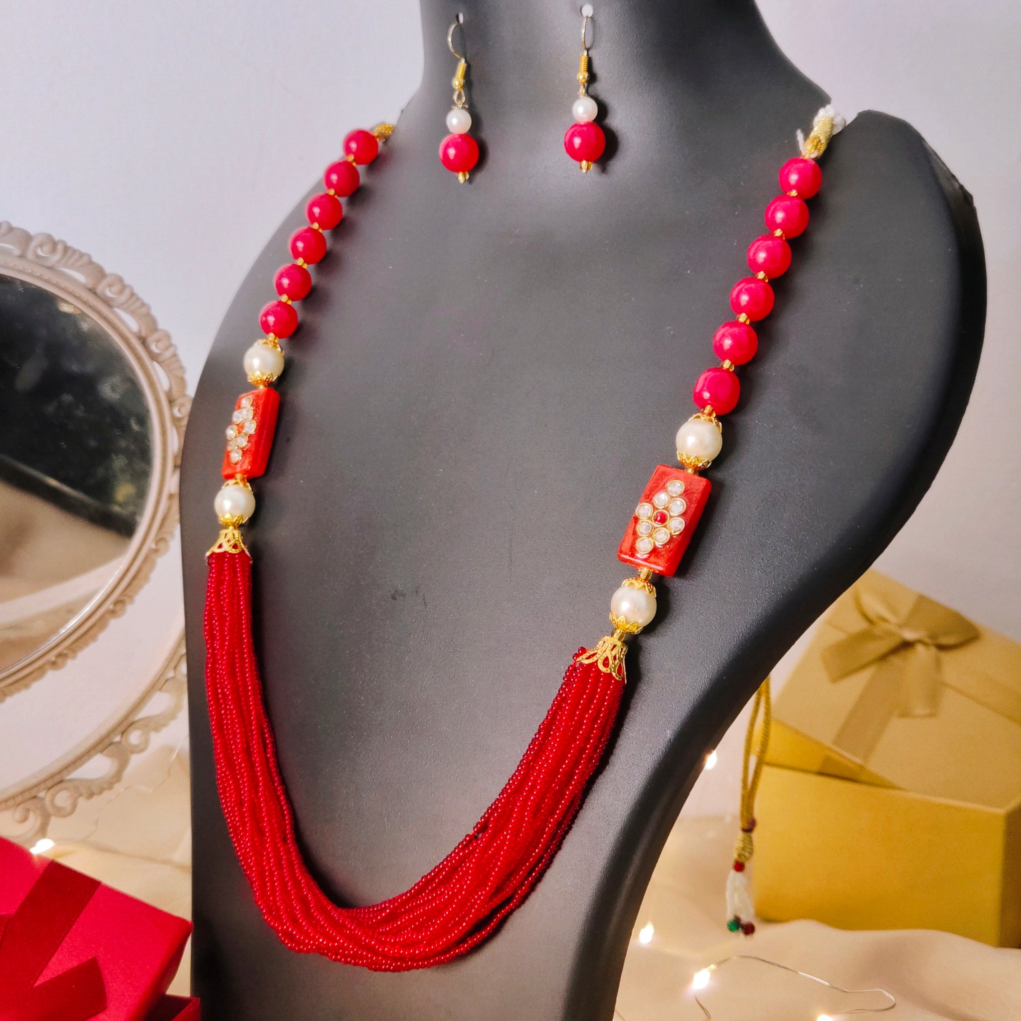 Moti Mala Necklace Set for Weddings, Festivals & Gifting from the house of Mrigaya by Nandini- Red Beads Necklace - Mrigaya India