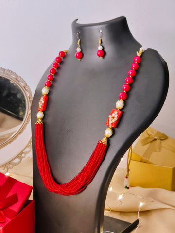 Moti Mala Necklace Set for Weddings, Festivals & Gifting from the house of Mrigaya by Nandini- Red Beads Necklace - Mrigaya India