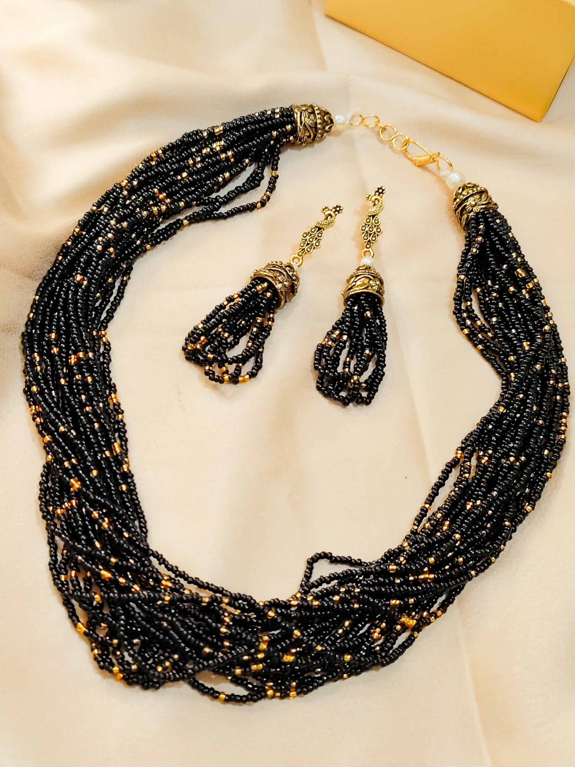 Moti Jhalar Necklace Set | Maroon-colour Beads Necklace & Earrings for Parties & Office Going Women from House of Mrigaya by Nandini-Black - Mrigaya India