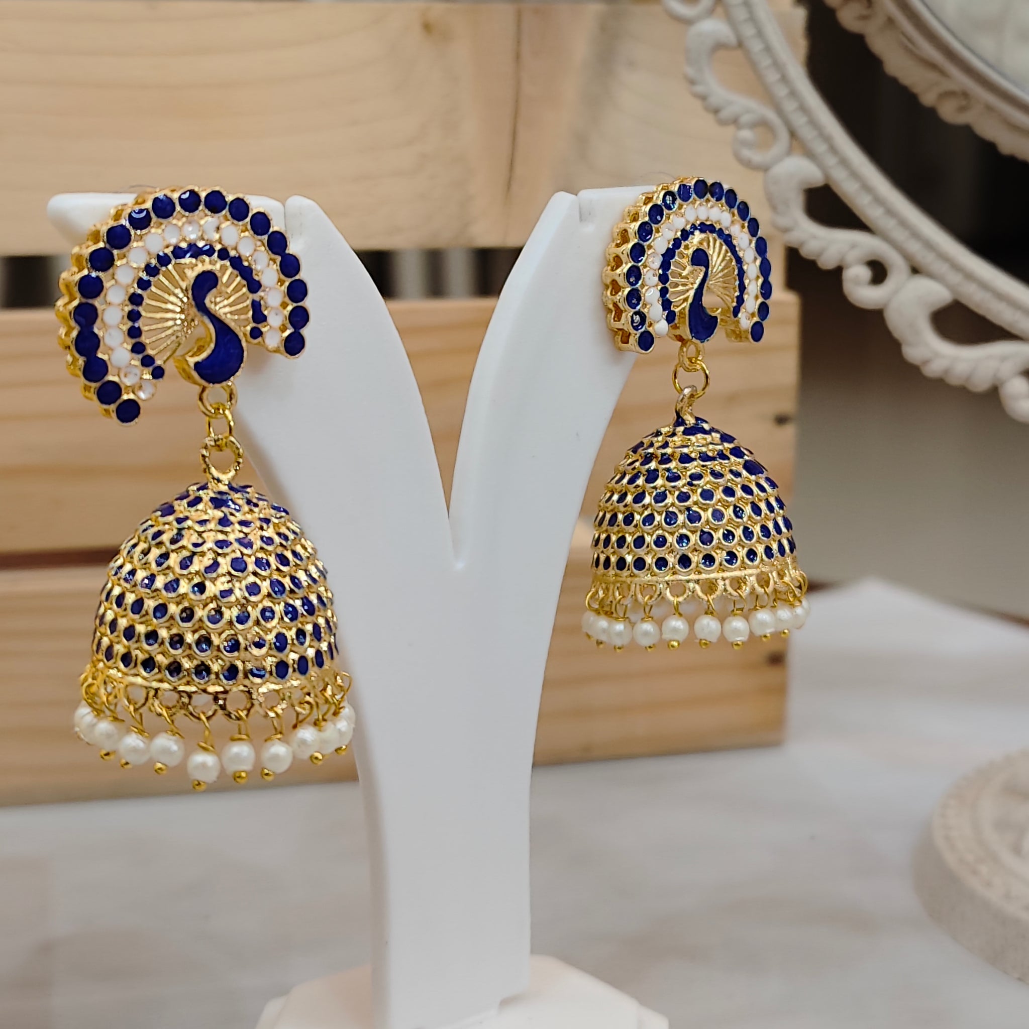 Mayur Gold Look Jhumka from Mrigaya by Nandini for Festive Occasions | India Look -Blue