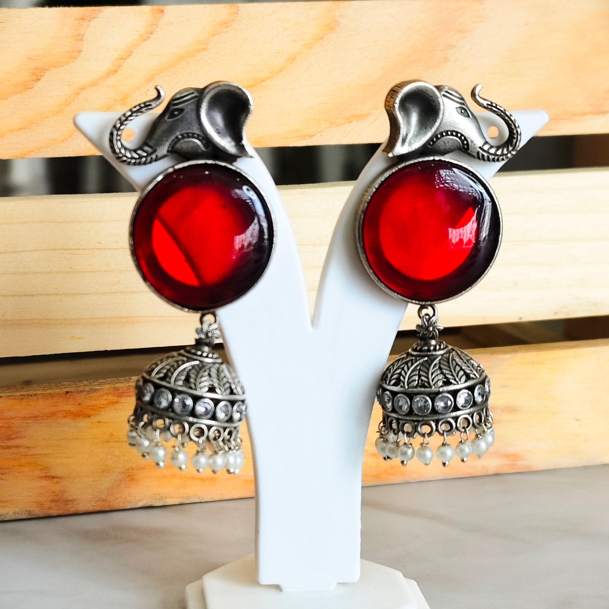 Gajanan Antique Silver Look Jhumka from Mrigaya by Nandini for Festive Occasions | India Look - Red - Mrigaya India