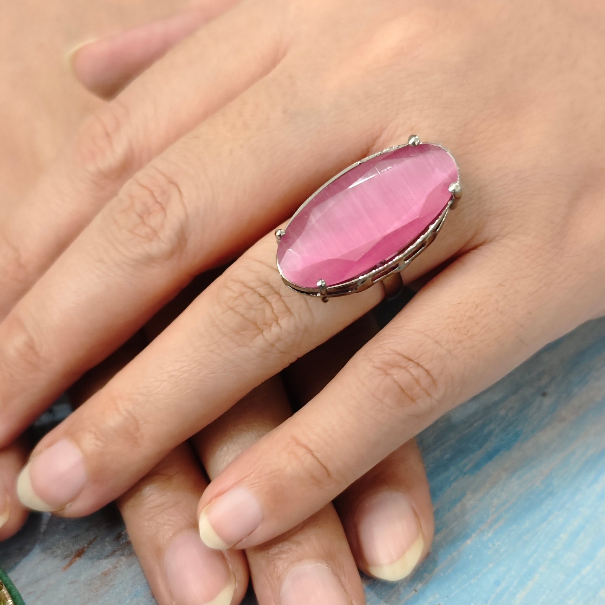 Starlit Oval_Pink Colour Statement Rings for festive occasions | for traditional look | for office Indian wear