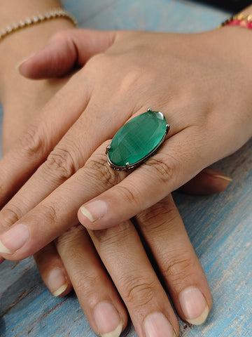 Starlit Oval- Green Colour Statement Rings for festive occasions | for traditional look | for office Indian wear