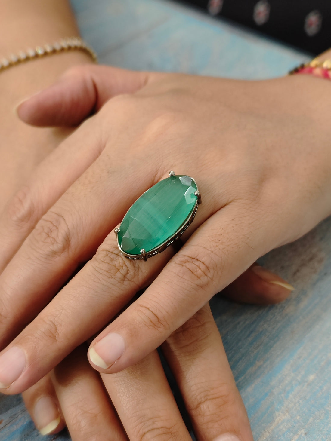 Starlit Oval-Light Green Colour Statement Rings for festive occasions | for traditional look | for office Indian wear