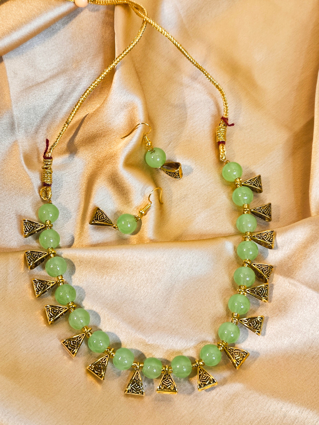 Jhalar Necklace Set | Light Green-colour Beads Necklace & Earrings for Parties & Office Going Women from House of Mrigaya by Nandini