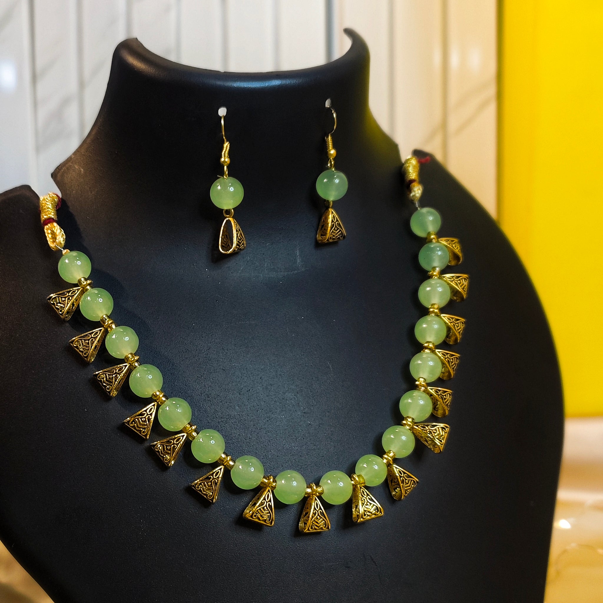 Jhalar Necklace Set | Light Green-colour Beads Necklace & Earrings for Parties & Office Going Women from House of Mrigaya by Nandini