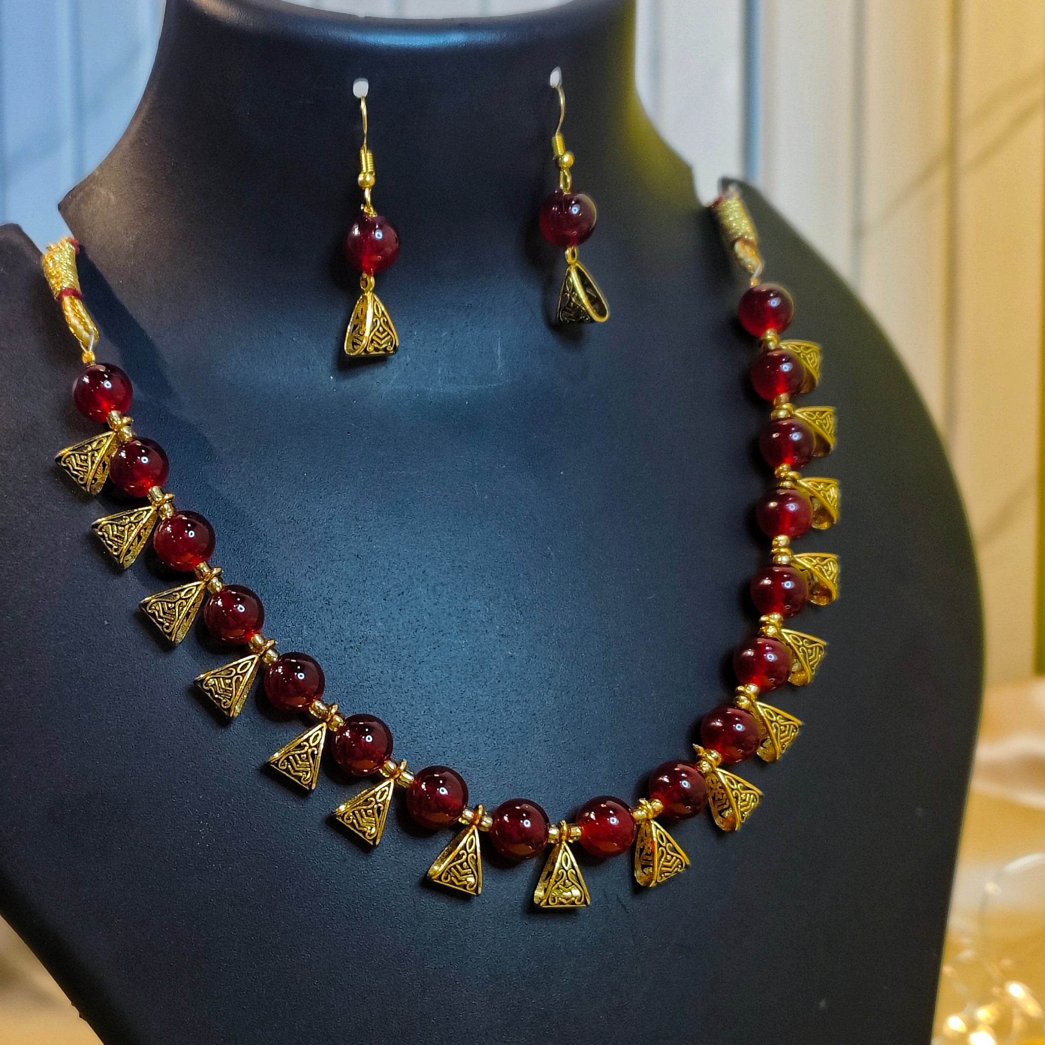 Jhalar Necklace Set | Maroon-colour Beads Necklace & Earrings for Parties & Office Going Women from House of Mrigaya by Nandini