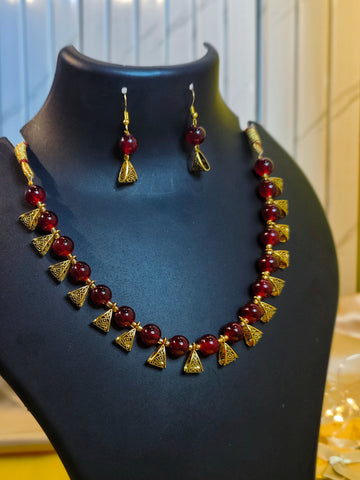 Jhalar Necklace Set | Maroon-colour Beads Necklace & Earrings for Parties & Office Going Women from House of Mrigaya by Nandini