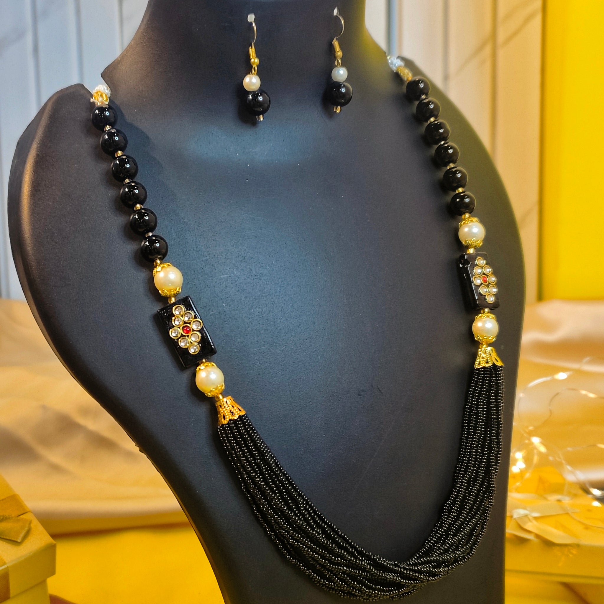 Moti Mala Necklace Set for Weddings, Festivals & Gifting from the house of Mrigaya by Nandini- Black Beads Necklace