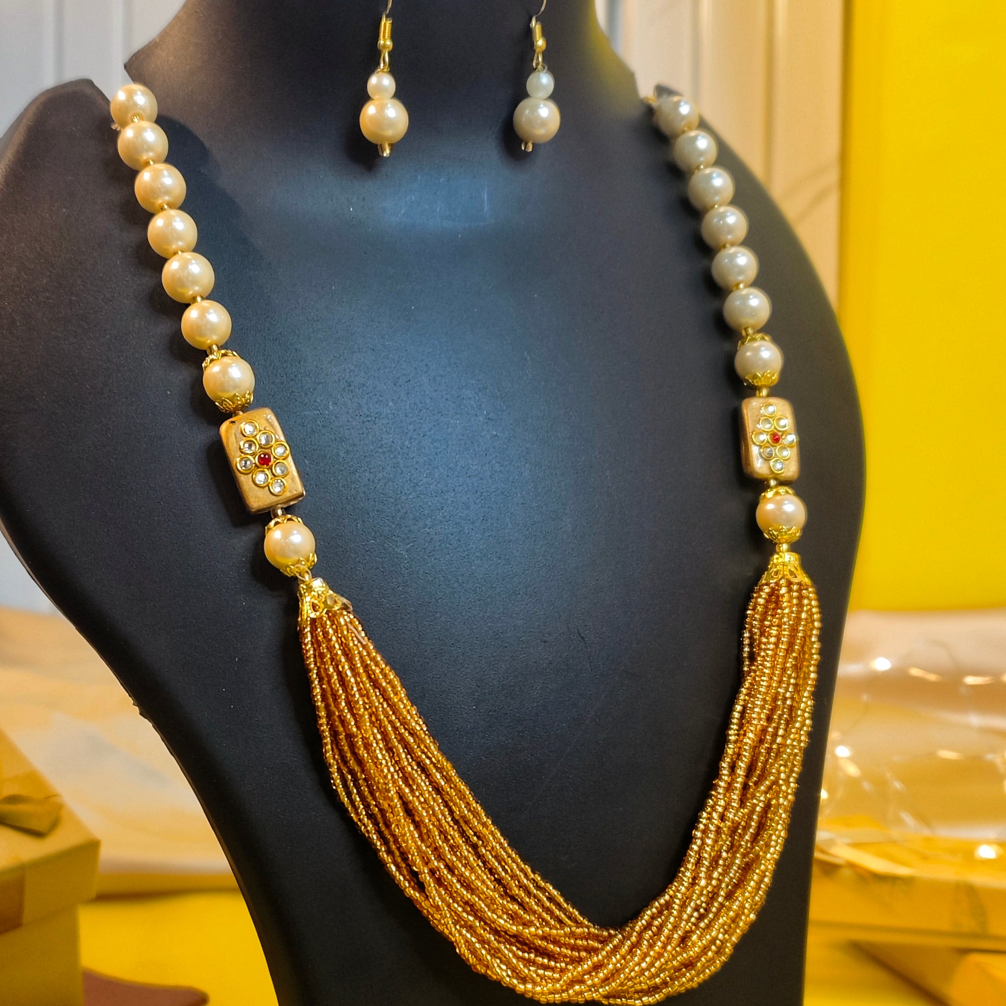 Moti Mala Necklace Set for Weddings, Festivals & Gifting from the house of Mrigaya by Nandini- Golden Beads Necklace