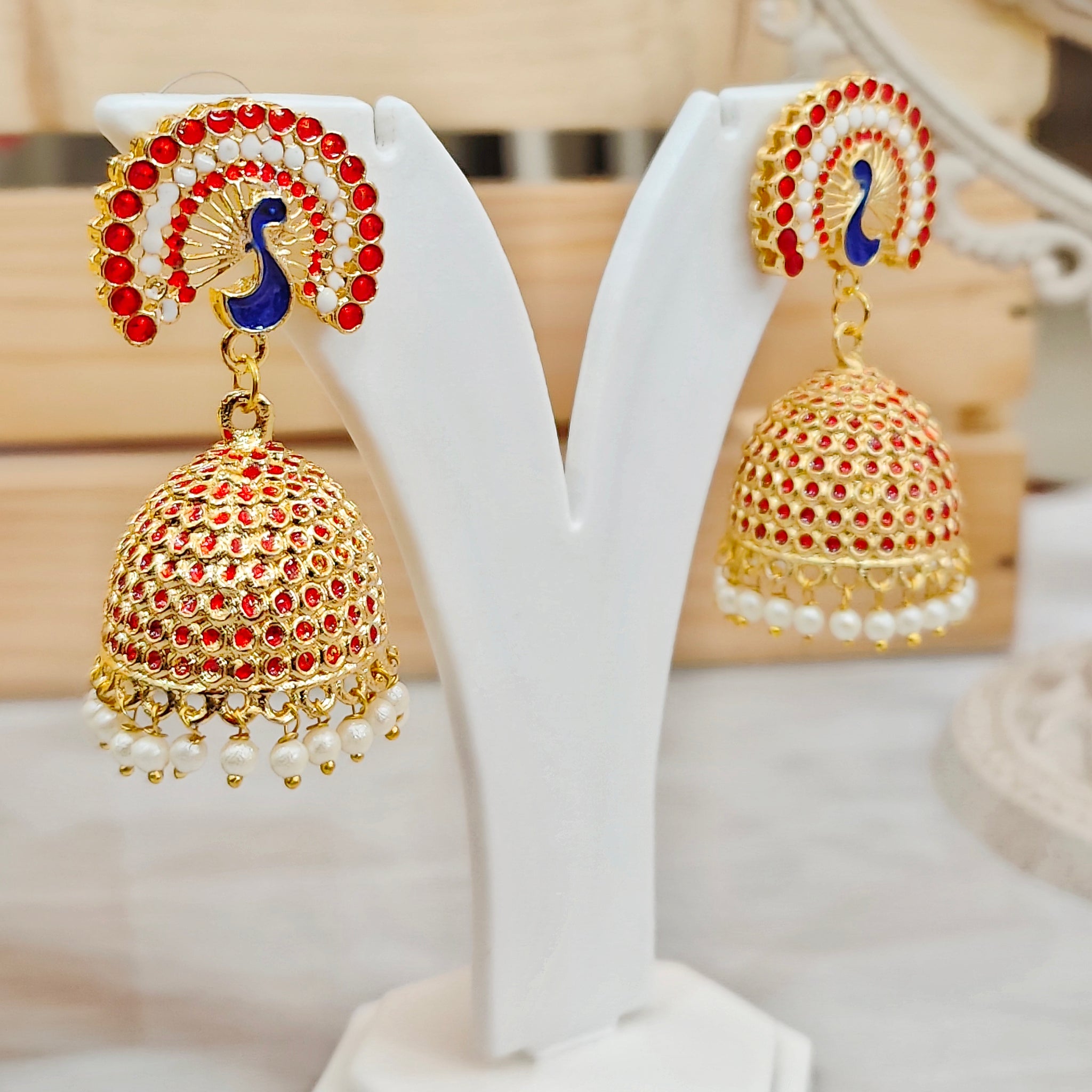 Mayur Gold Look Jhumka from Mrigaya by Nandini for Festive Occasions | India Look -Red