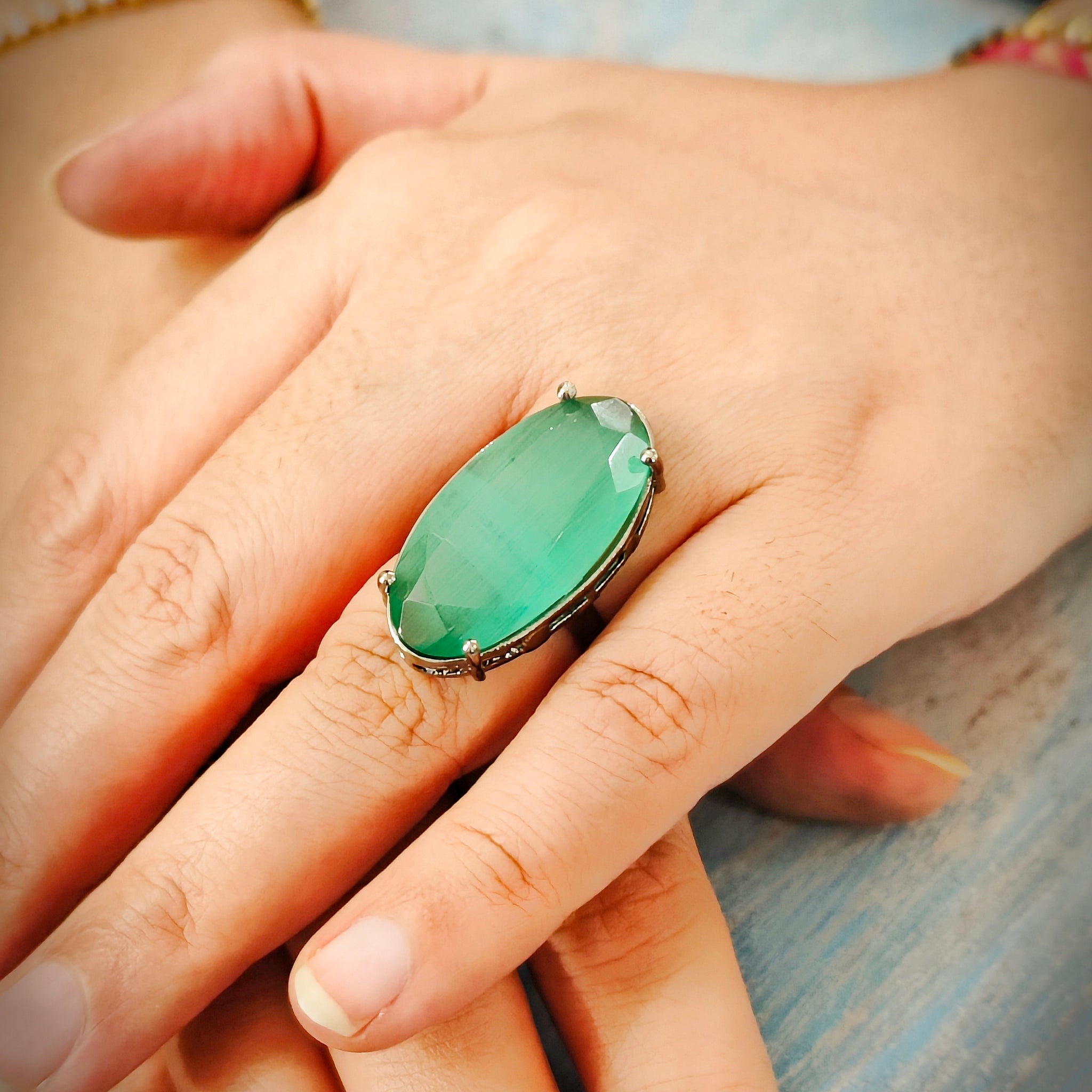 Starlit Oval-Light Green Colour Statement Rings for festive occasions | for traditional look | for office Indian wear