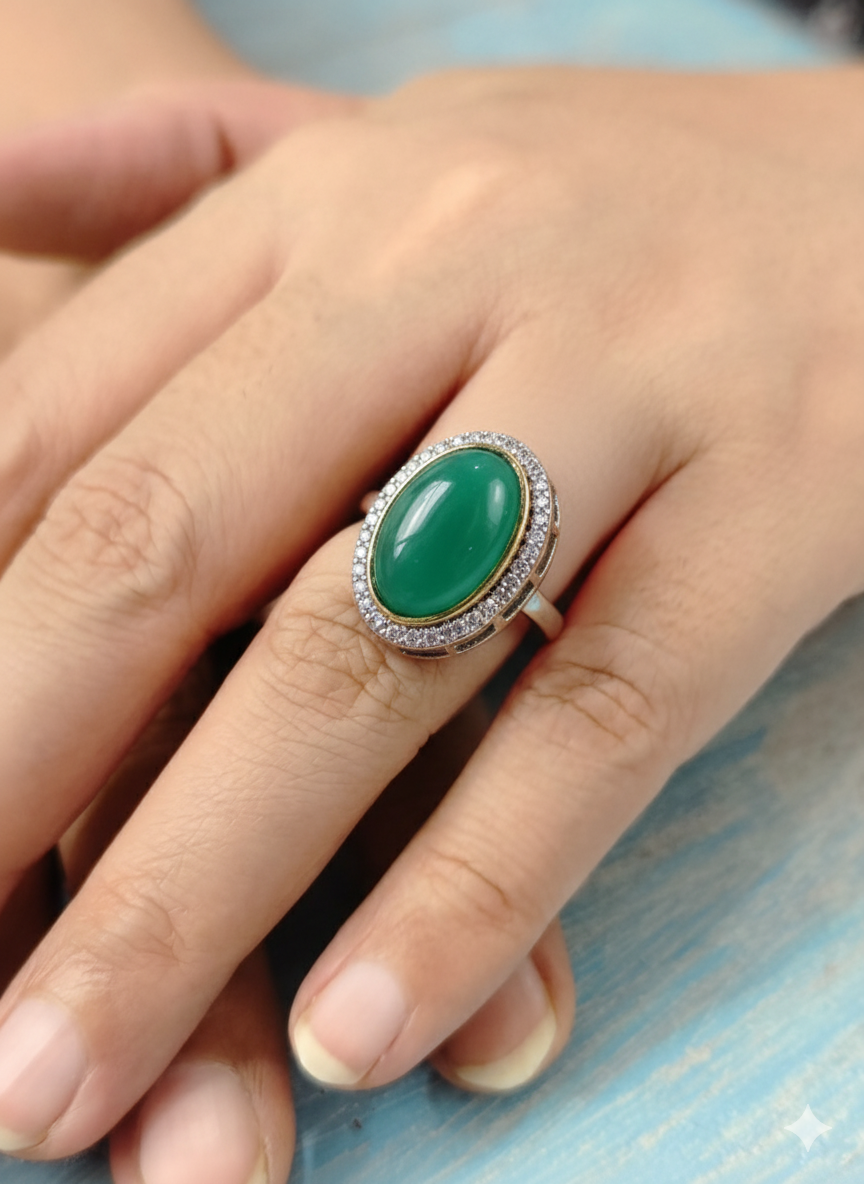 Crown green Colour Rings with antique finish and single big stone for festive occasions - Anti-Tarnish Ring
