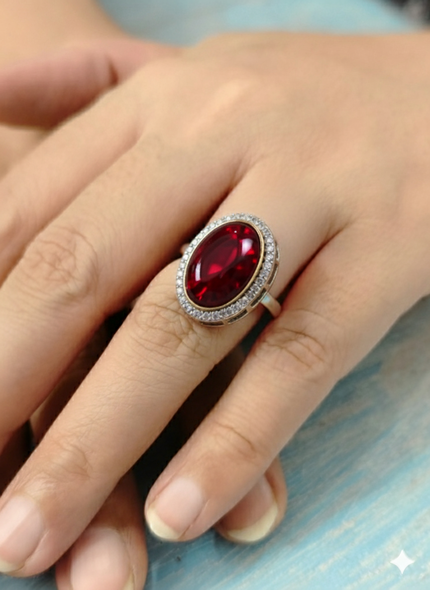 Crown Ring in red Colour Rings with antique finish and single big stone for festive occasions - Anti-Tarnish Ring
