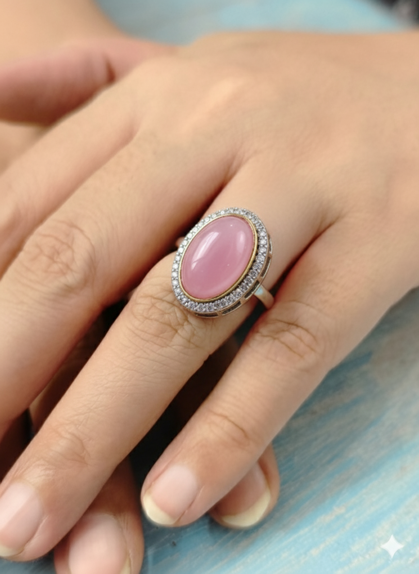 Crown Rings Pink colourwith antique finish and single big stone for festive occasions - Anti-Tarnish Ring
