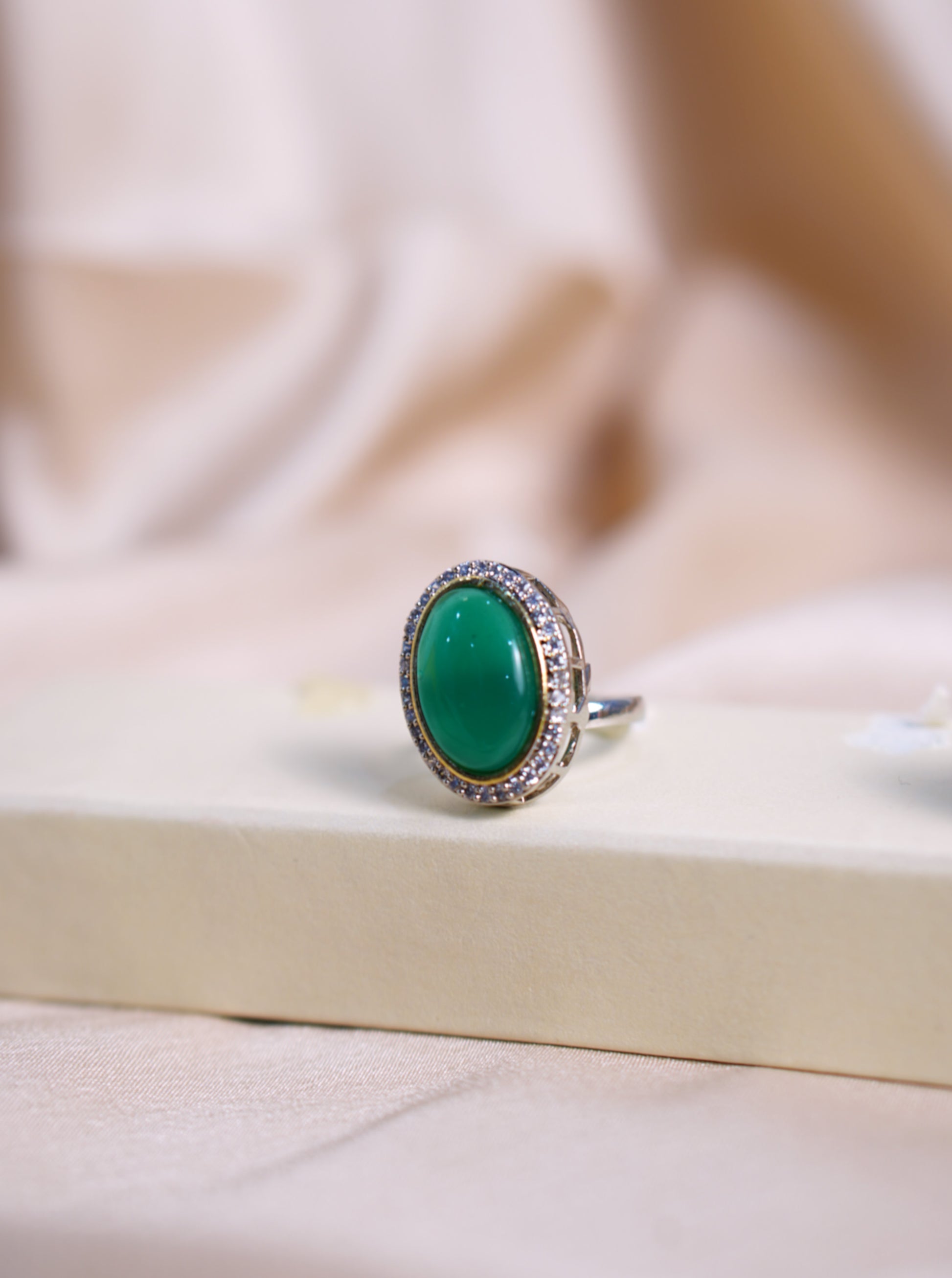 Crown green Colour Rings with antique finish and single big stone for festive occasions - Festive Ring
