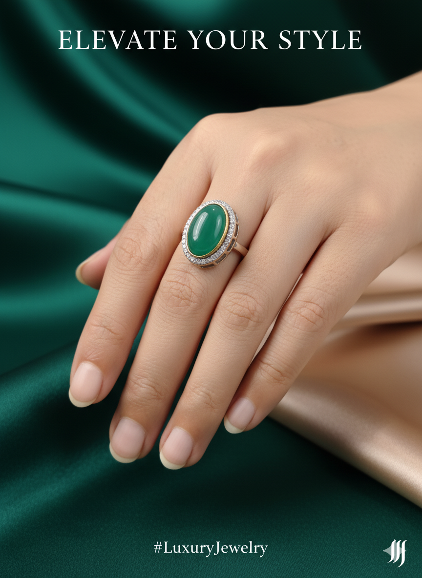 Crown green Colour Rings with antique finish and single big stone for festive occasions - Anti-Tarnish Ring

